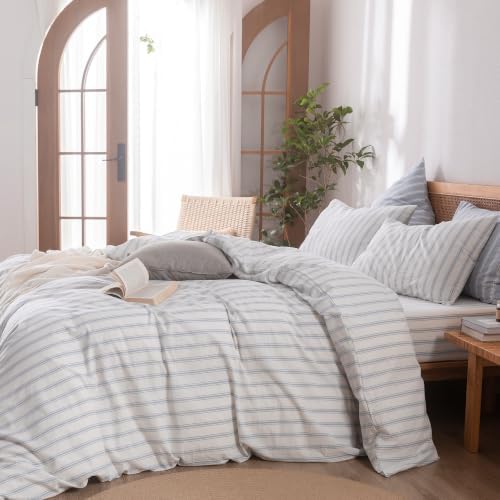 BESTOUCH Striped Cotton Duvet Cover Set Linen Feel Alaska King - Image 4