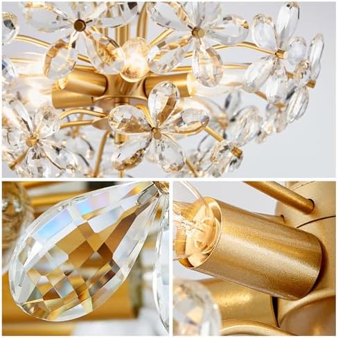 WUZUPS Crystal Chandelier Pendant Flushmount Ceiling Light Modern Lighting Fixture for Bedroom Hallway Bar Kitchen Bathroom, H 15.7" x W 17.7", Gold, E12 Base - Image 5
