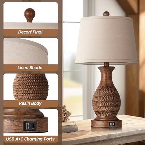 PARTPHONER Table Lamps Set of 2, Bedside Touch Lamp with USB C+A Charging Ports, Side Table Lamp with Linen Fabric Shade (LED Bulbs Included), Wood - Image 4
