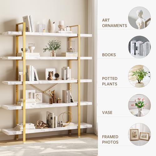 OtterOasis Heavy Duty 5-Tier Industrial Bookcase, 47" Wide Wood Bookshelf for Home Office, 120lbs Shelf Capacity, Shelving Display with Reinforced Horizontal Shelf for Living Room Bedroom,White - Image 3