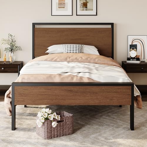 SHA CERLIN 14 Inch Twin Size Metal Platform Bed Frame with Wooden Headboard and Footboard, Mattress Foundation, No Box Spring Needed, Large Under Bed Storage, Heavy Duty Slats Support, Walnut - Image 3