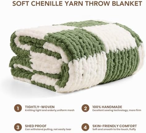 L'AGRATY Chunky Knit Throw Blanket for Couch 50 x 60 Inches Green Checkered - Image 2