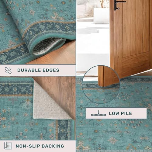Boho Teal 6x8 Rug for Living Room, Washable Area Rugs for Bedroom, Dining Room Under Table, Vintage Turquoise Décor Indoor, Low Pile & Soft Carpet - Image 4