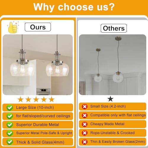 Modern Pendant Lights Kitchen Island, Brushed Nickel Pendant Light Fixtures with 10" Clear Air Bubble Glass Shade, Industrial Hanging Pendant Lights Fixture for Kitchen Island Dining Room Entryway - Image 2