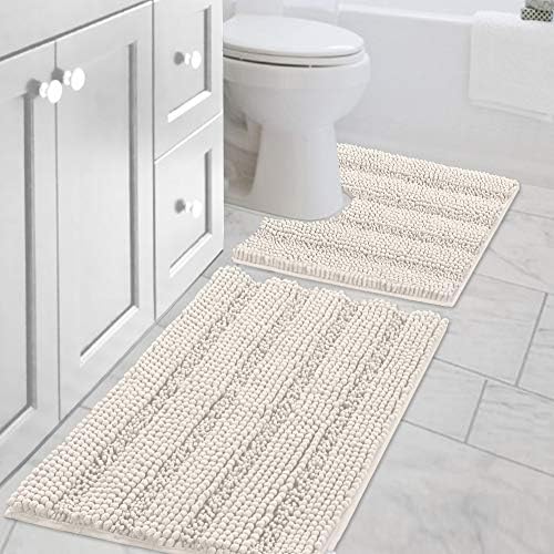 H.VERSAILTEX Bathroom Rugs Bath Rug Set 2 Piece Bathroom Contour Rug Toilet Mat Sets Non Slip Contour Bath Rug Ultra Thick Water Absorbent Striped Bath Mats Washable(20" x 32" Plus 20" x 20" U, Ivory) by HVERSAILTEX