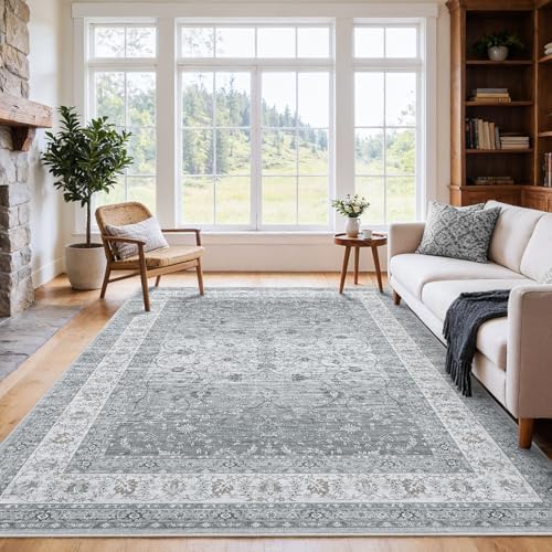 Amada 5x7 Washable Area Rug for Living Room, Silver/Gray, Vintage Pattern by AMADAHOMEFURNISHING
