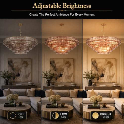 48" 5-Tier Smoked Ripple Glass Chandelier, 20-Light Round Brass Chandelier - Image 6