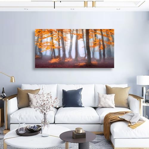 Orange Maple Leaf Tree Canvas Wall Art for Living room Office Bedroom Mist Forest Wall Art Print Paintings Modern Nature Autumn Landscape Pictures Wall Decor Artwork Ready to Hang - 20in * 40inch - Image 3