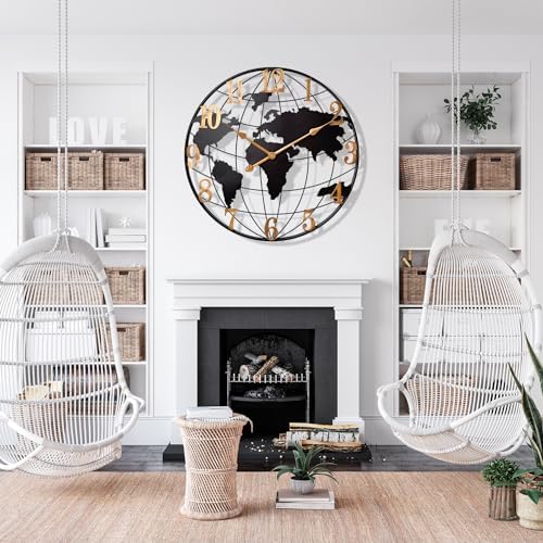 Large World Map Wall Clock,Metal Minimalist Modern Clock,Round Silent Non-Ticking Battery Operated Wall Clocks for Living Room/Home/Kitchen/Bedroom/Office/Farmhouse Decor (30 Inch) - Image 6