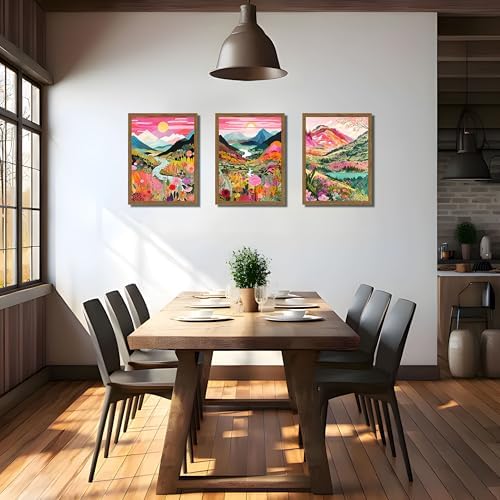 Boho Colorful Mountain Wall Art Set of 3, Abstract Watercolor Landscape Flower Wall Decor Paintings, Modern Nature Sunset Forest Posters Prints for Living Room, Bedroom 16x24 Inch Wood Framed - Image 2