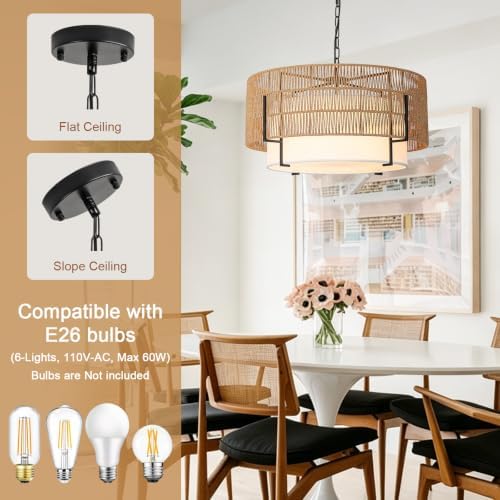 6-Light Large Rattan Chandelier, 25.6" Boho Pendant Light Fixture - Image 3