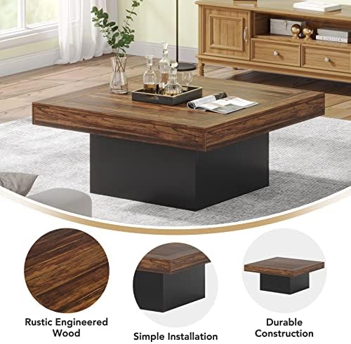 Tribesigns 35.4-Inch Square Coffee Table with LED Light, Modern Wood Coffee Table, Large Center Table for Living Room, Rustic Brown & Black - Image 5