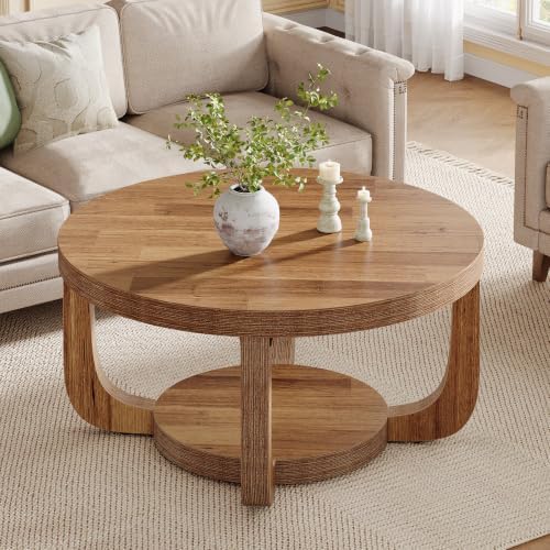 Tribesigns Round Coffee Table, 2-Tier Circle Coffee Table with Storage, Modern Wooden Accent Center Table for Living Room, Thick Tabletop & Base (Rustic Brown) - Image 3