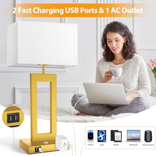 22’’ Touch Control Table Lamps Set of 2, 3 Color Temperatures Bedroom Bedside Lamps, Modern Gold Dimmable Lamps with USB Ports & AC Outlet, Tall Living Room Lamps for Nightstand End Table, 2 Bulbs - Image 5