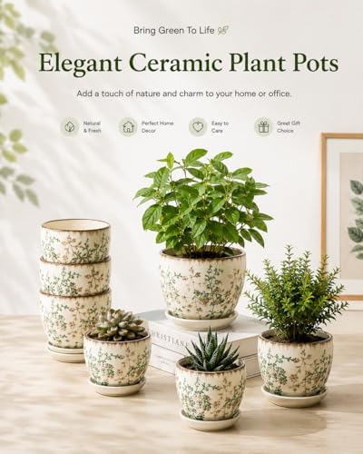 Retro Ceramic Garden Pots, 5.8 Inch Plant Pots with Drainage and Attached Saucer Set of 4, Chinoiserie Floral Large Flower Pots for Home Decor, Plant Lover Gifts, White Green - Image 6