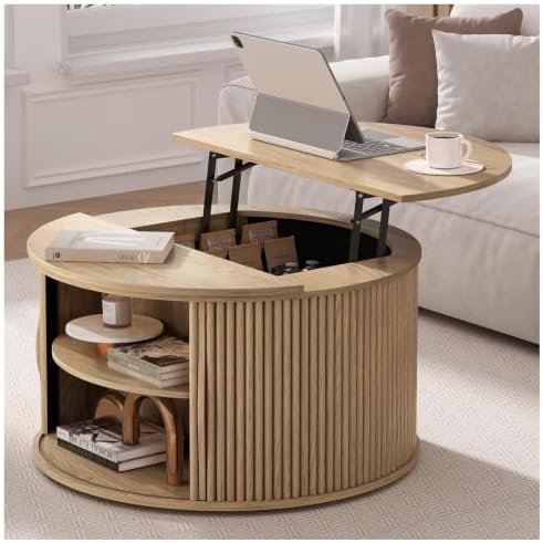 JOINICE Round Lift Top Coffee Table with Storage for Living Room,Oak by Joinice