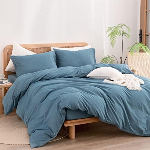 BESTOUCH Cotton Solid Duvet Cover Set Linen Feel Dark Blue California King - Image 4