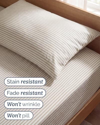 Twin Size 3 Piece Sheet Set - Breathable & Cooling Sheets - Beige Stripes - Image 5