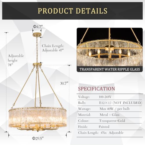 CATINER Modern 30" Crystal Glass Chandelier 12-Light Gold Chandeliers - Image 3