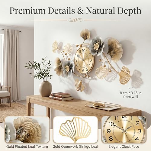 33" 3D Ginkgo Leaf Metal Wall Clock for Home Wall Decor - Image 6