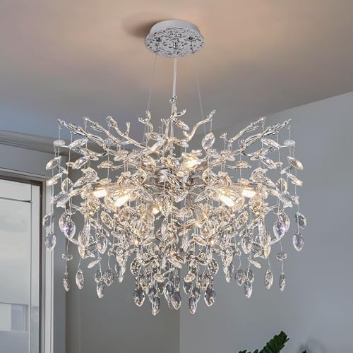 23.6" Silver Crystal Chandelier, 8-Light Modern Tree Branch Chandeliers, Round Chandelier for Dining Room, Living Room, Foyer, Entryway, Bedroom, Kitchen, Luxury K9 Crystal Raindrop Light Fixture by YUYILIGHTING
