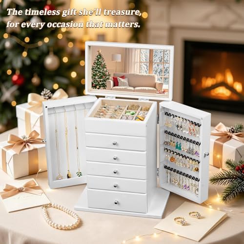 Emfogo Wooden Jewelry Box for Women, 6-Tier Large Jewelry Organizer Boxes with Mirror Rustic Solid Wood jewlery Storage for Rings Earrings Necklaces Bracelets watches(White) - Image 5