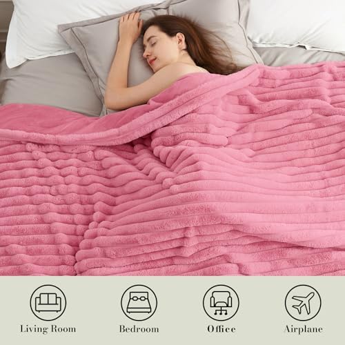 Amélie Home Soft Striped Faux Fur Throw Blanket for Couch, Pink, 55"x70" - Image 5