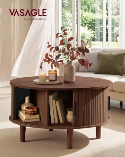 VASAGLE Round Coffee Table, Lift Top Coffee Table with Tambour Sliding Door - Image 3