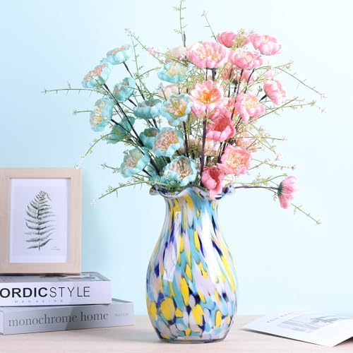 10.6in Hand Blown Blue Glass Vase – Wide Mouth Murano Bubble Art Glass Vase, Cobalt Blue Flower Vase for Coastal, Vintage, Colorful Home Decor, Vase Gift for Mom or Display (Colorful) - Image 4