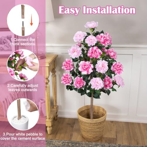 2 Pack 4FT Artificial Peony Tree, Fake Pink Trees for Outdoors Decor - Image 4