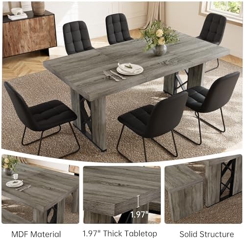 HIPIHOM 7-Piece Dining Table Set for 6, Grey Table with 6 PU Black Chairs - Image 3