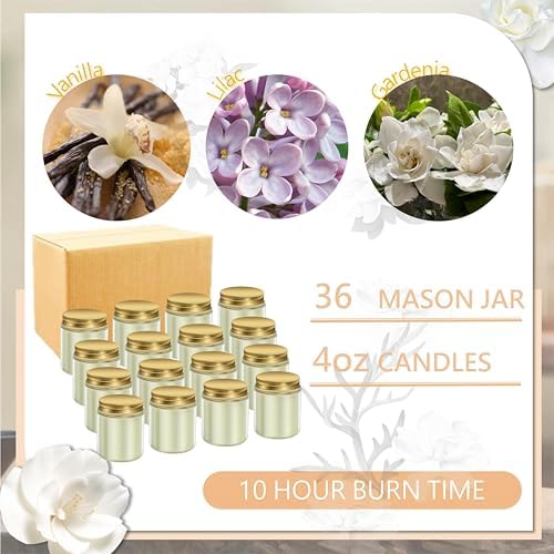 ACITHGL 36 Pcs 4oz Mini Mason Jar Candles Small Scented Candles Bulk Aromatherapy Ideal Souvenir Favors for Wedding Birthday Party (Vanilla, Lilac, Gardenia, Gold) - Image 3