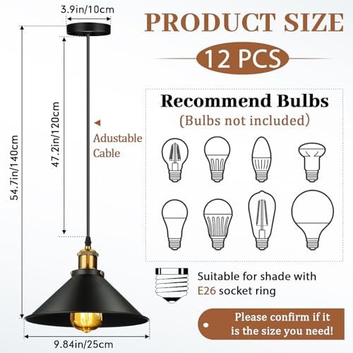 Retisee 12 Pcs Industrial Pendant Light, Vintage Metal E26 Base, Black - Image 2
