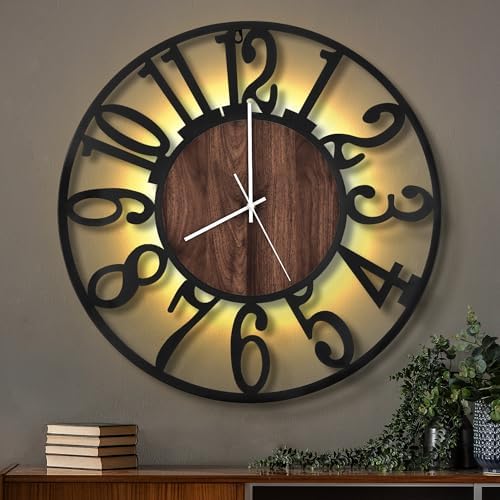 LEIKE Large Wall Clocks with Night Light Battery Operated,Silent Non Ticking,Rustic Modern Big Wood Clock for Living Room, Bedroom,Kitchen,Farmhouse,Office,Home Decor-24 Inch(Black-Arabic Number) by LEIKEWALLCLOCK