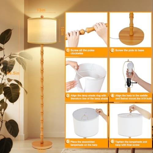 Vinaco Wood Floor Lamp, 3 Color Temperatures Dimmable Rotary Switch - Image 6