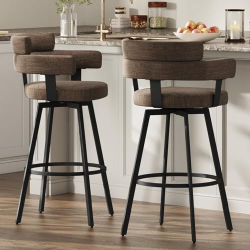 30 Inch Bar Stools Set of 2 with Full Back, Swivel Bar Chairs with Linen Padded Back, Metal Footrest, Modern Bar Height Stools for Kitchen Island, Dining, Living Room, Brown by FERFALDER