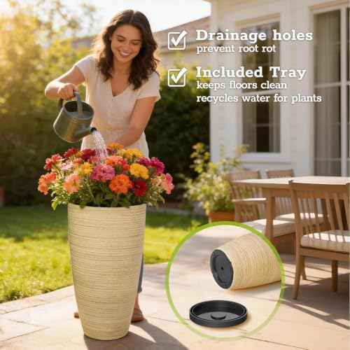 ZMTECH 2-Pack Large Tall Planters with Saucer - 6.8 Gallons /12x21 Inch Faux Stone Finish Round Flower Pots for Indoor Plants, Outdoor Patio & Porch Decor, Unbreakable Plant Containers Beige - Image 2