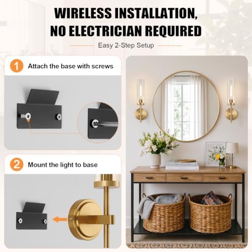 Battery Operated Wall Sconce Set of 2, Brushed Gold Wireless Rechargeable Wall Lighting Fixtures with Remote Control, Dimmable Wall Light for Bathroom, Vanity, Living Room, Bedroom, Hallway, Stairway - Image 7