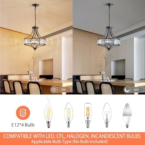 Black Crystal Chandeliers for Dining Room, Round Rustic Farmhouse Chandelier with Metal Shade 4-Light Modern Pendant Lighting for Hallway, Bedroom, Foyer - Image 4
