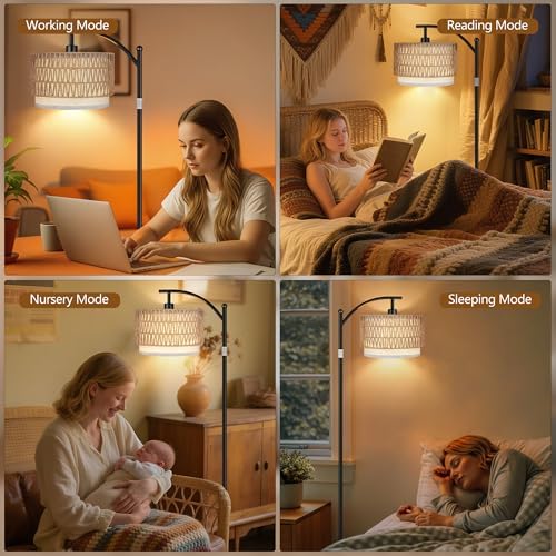 ROTTOGOON Arc Floor Lamps for Living Room, Boho Farmhouse Floor Lamp with Remote & Dimmable Bulb, Standing Lamp with Rattan & Fabric Shades, Adjustable Tall Lamp for Bedroom Office-Black - Image 7