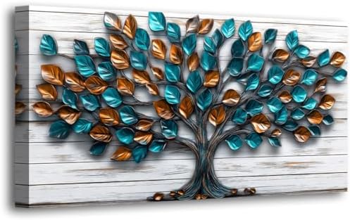 Tree Nature Wall Art Bedroom Abstract Wall Decor Living Room,Tree of Life Canvas Wall Art Office Farmhouse Paintings Artwork Modern Teal Golden Leaves Wall Art Prints Pictures 20 * 40inch by HaichuangDecorArt