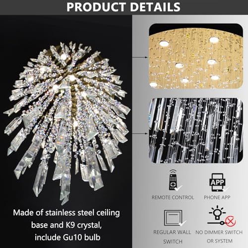 98'' Modern Crystal Chandelier High Ceiling Chandeliers for Entryway Large Raindrop Chandeliers LED Dimmable Flush Mount Light Fixtures for Staircaes Foyer Hallway Living Room LED Bulbs Included Gold - Image 4