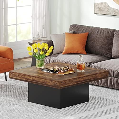 Tribesigns 35.4-Inch Square Coffee Table with LED Light, Modern Wood Coffee Table, Large Center Table for Living Room, Rustic Brown & Black - Image 6