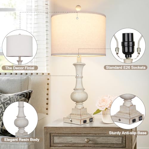26" Farmhouse Table Lamps, Table Lamps For Living Room Set of 2 with USB A+C Ports & AC Outlet, Vintage Rustic Touch Control 3-Way Dimmable Boho Nightstand Lamp White Washed Resin for Bedroom Deocr - Image 5