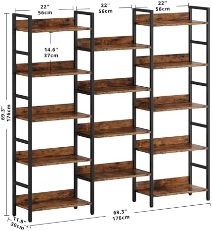 IRONCK Triple Wide 5-Tier Bookshelf with Metal Frame, Vintage Brown - Image 3