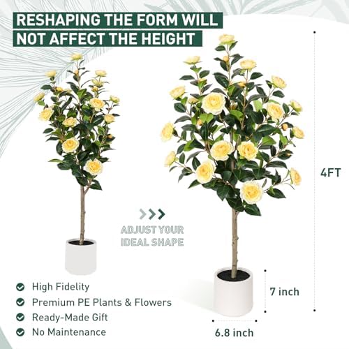 Yepdin 47 inch Artificial Camellia Tree with White Flower Pots - 2 Pack Yellow Tall Fake Plants,4 Ft Artificial Plants Indoor wich Blooming,Faux Plants Indoor for Outdoor Front Home Door - Image 3