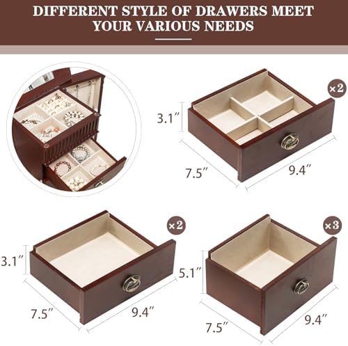 AVAWING Standing Jewelry Cabinet Armoire with Top Flip Mirror, 7 Drawers & 12 Necklace Hooks, Jewelry Box Storage Organizer with 2 Side Swing Doors (Reddish Brown) - Image 6