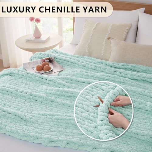 L'AGRATY Chunky Knit Throw Blanket for Couch, 60 x 80 Inches, Mint Green - Image 3