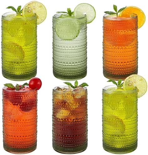 Vintage Hobnail Drinking Glasses Set of 6, 16 oz Large Capacity Embossed Green Tumblers, Highball Glasses for Water, Cocktail, Beer, Whiskey, Kitchen & Bar Use - Image 7