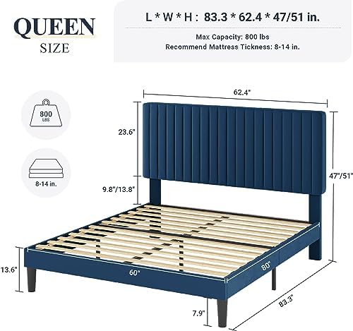 Allewie Queen Bed Frame, Velvet Upholstered Platform Bed with Adjustable Vertical Channel Tufted Headboard, Mattress Foundation with Strong Wooden Slats, Box Spring Optional, Easy Assembly, Navy Blue - Image 2